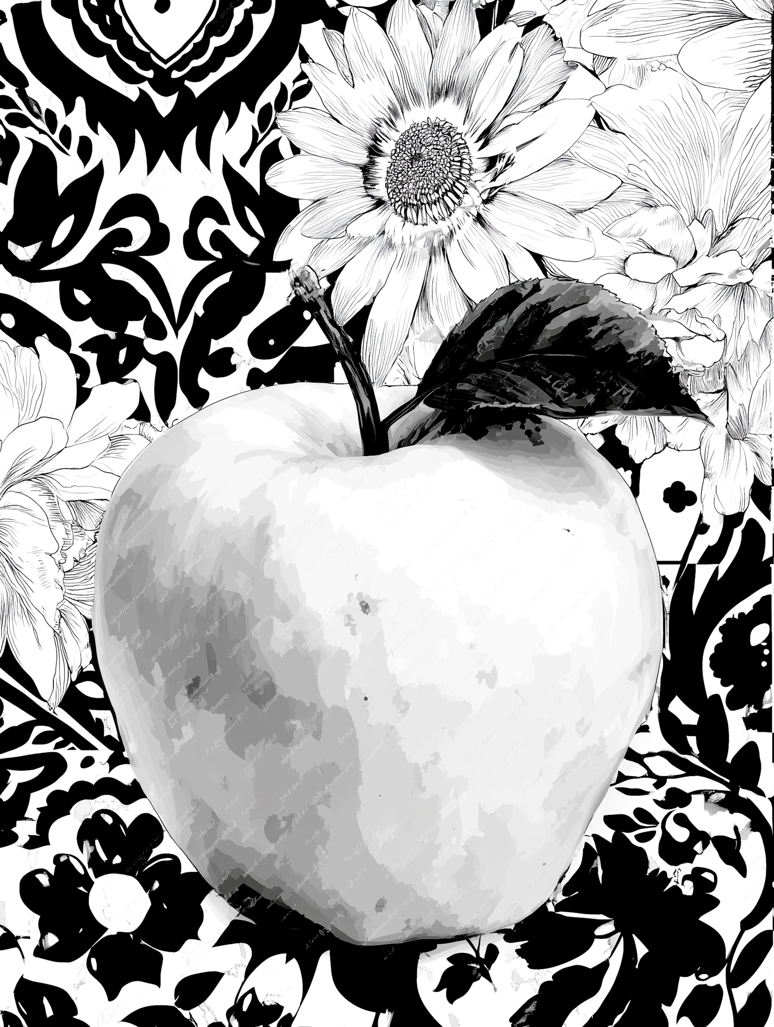 Free printable apple coloring page for adults featuring single apple with sunflower